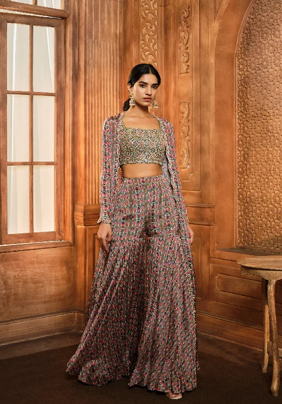 Olive Green Stripes Print Jacket Sharara Set Welt Pockets Slit Pockets Flap Pockets