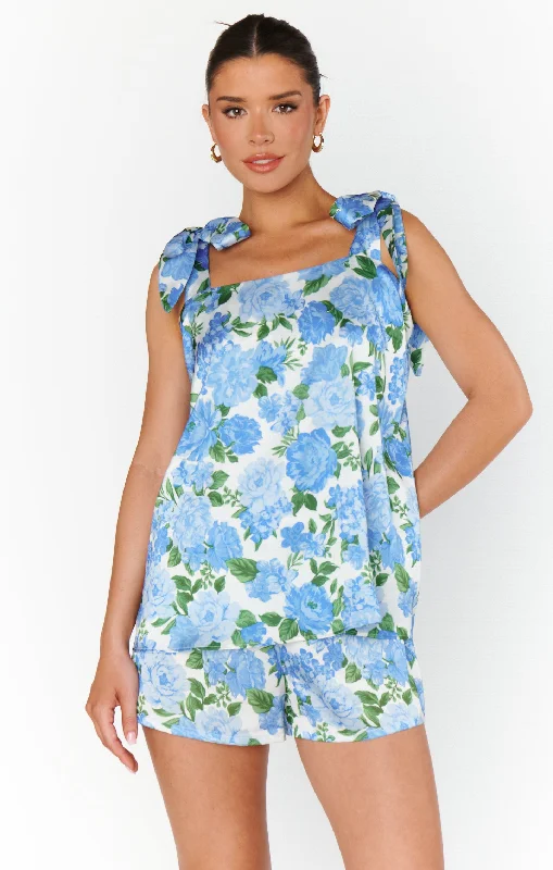 Makeup Tank ~ Cottage Floral Blue lemon yellow tank