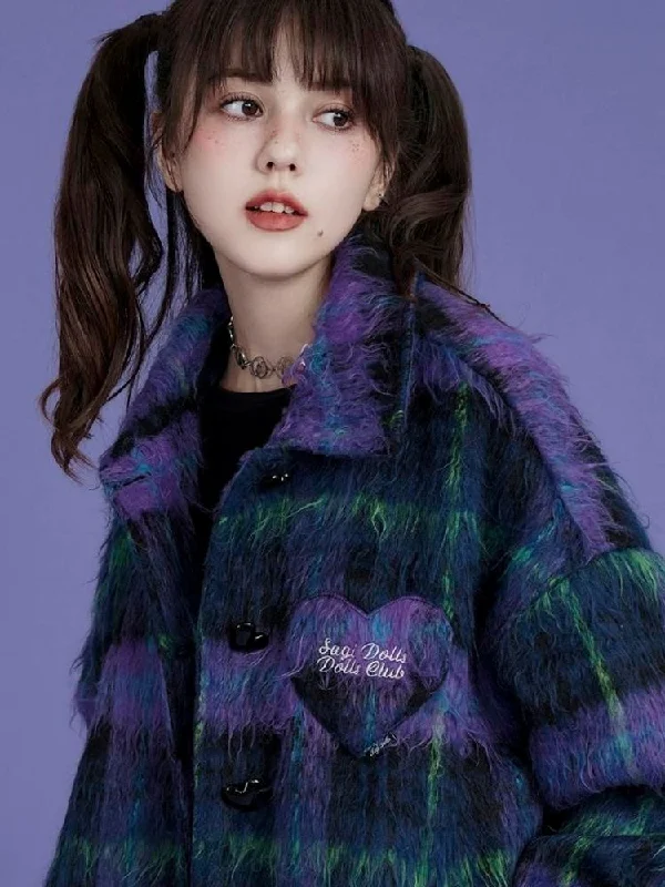 Loose blue and purple plaid long fur coat【s0000004427】 Blouse Shirt Tunic