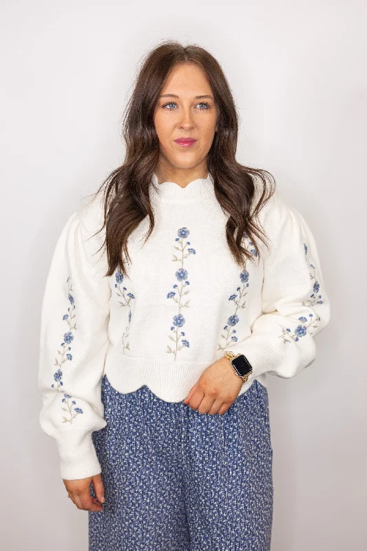 Floral Passion Cream Embroidered Sweater Mesh Sweater Canvas Denim