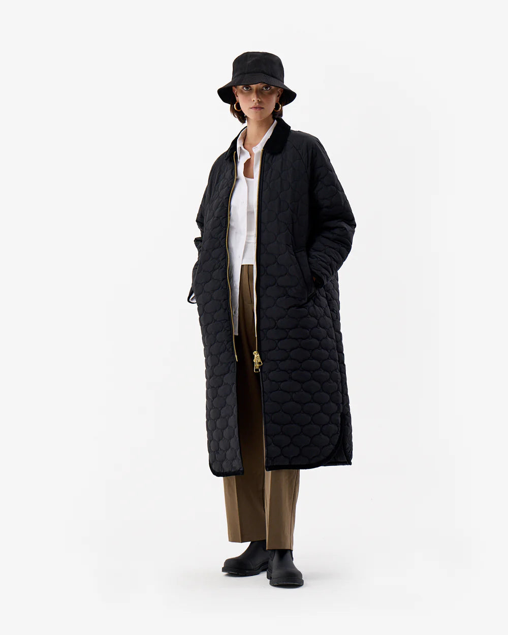 Fionn Long Quilted Coat Hunter Black Raincoat Turtleneck Coat Wrap Coat