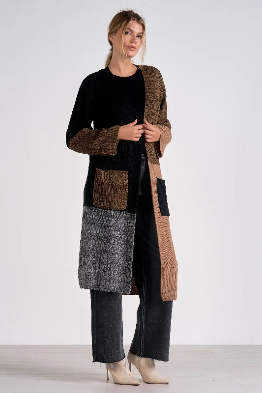 COLOR BLOCK LONG CARDIGAN - BLACK/BROWN Stretchy Elastic Breathable