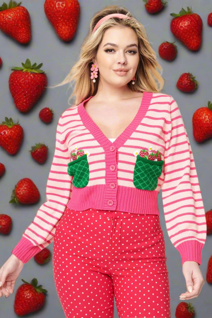 Smak Parlour 1960s Pink Stripes & Strawberry Pocket Cardigan Hooded Cardigan Collared Cardigan Shawl Collar