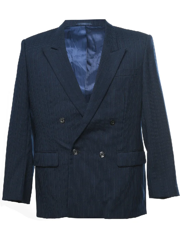 Navy Pinstriped Double-Breasted Blazer - L Women's Fashion Blazer
