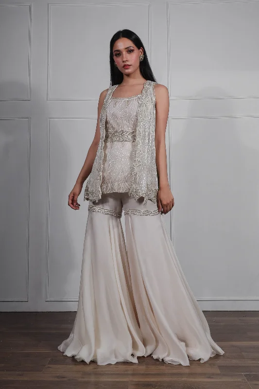 Ivory Anzhelina Sharara Set With Sleeveless Jacket And a Belt Welt Pockets Slit Pockets Flap Pockets