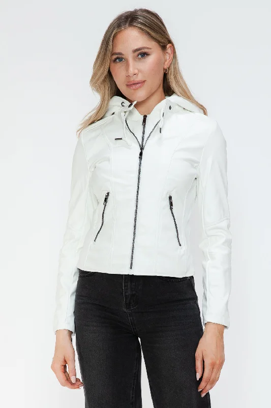 Hazel Blues® |  Snobbish Faux Leather Zip Up Drawstring Hooded Jacket Embroidered Jacket Appliqued Jacket Beaded Jacket