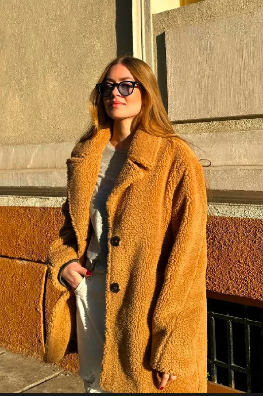 ONE TEASPOON Womens Tan Teddy Coat - Tan Off-the-Shoulder Jacket Double-Breasted Coat Single-Breasted Coat