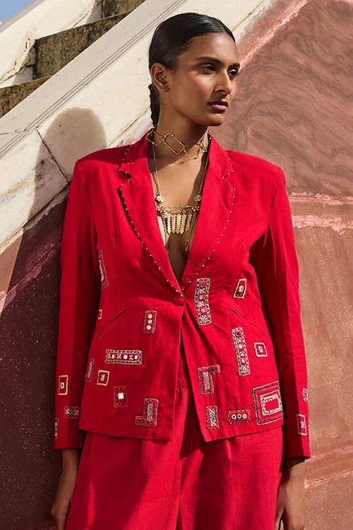 Okhai "Dancing Girl" Hand Embroidered Mirror and Beadwork Pure Cotton Blazer Women's High-End Blazer