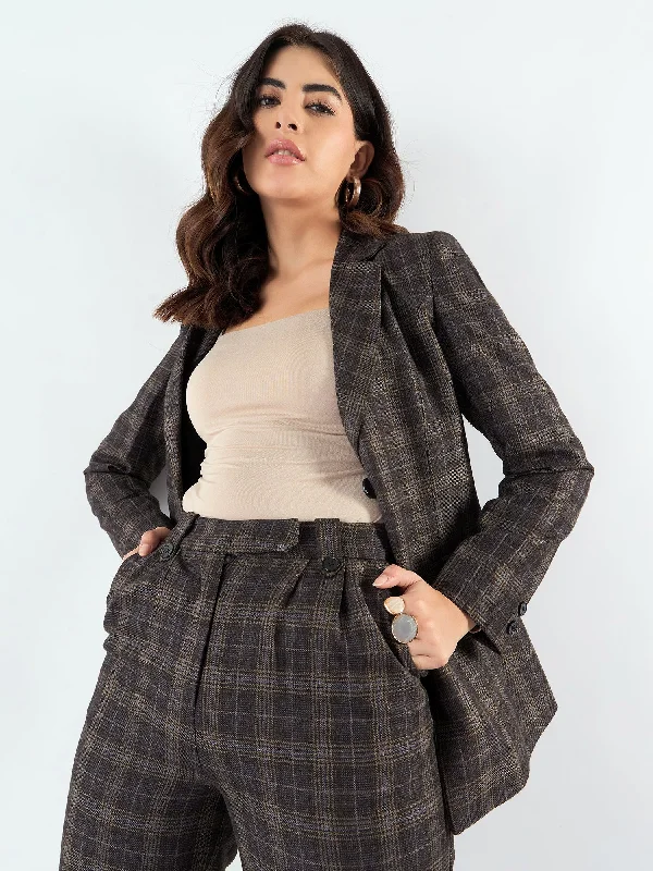Brown Notched Lapel Tailored Fit Long Warm Checkered Blazer Paired With Trouser Women's Short Blazer