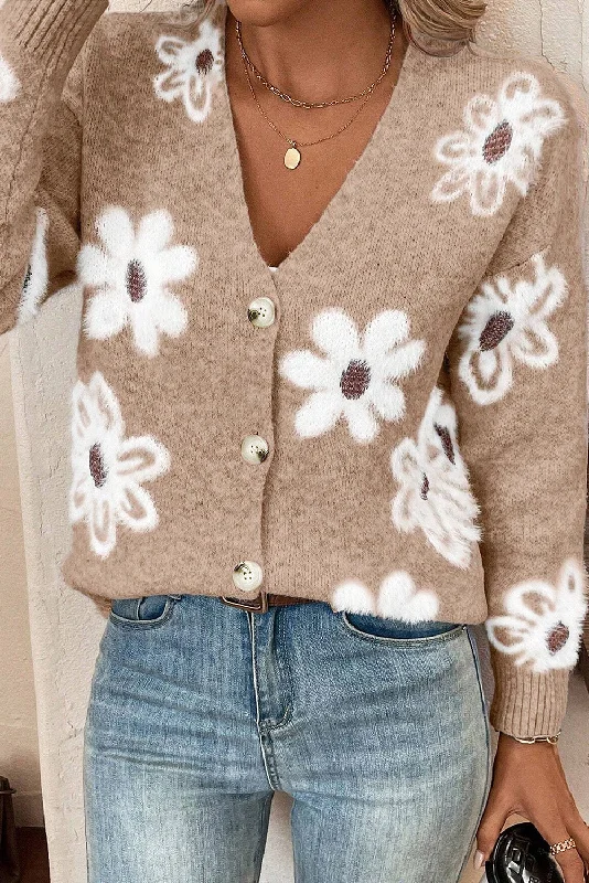 Blue Zone Planet |  Smoke Gray Floral Print V Neck Knitted Button Up Cardigan Chenille Fabric Brocade Fabric Lace Fabric