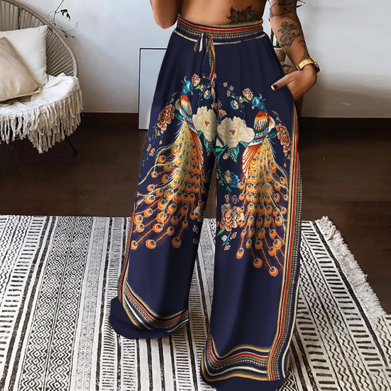 Wide Leg Womens' Pants Printing High Waist Trousers Pockets Boho Beach Long Pants For Woman Summer Baggy Straight Leg Trouser Trousers Canvas Durable