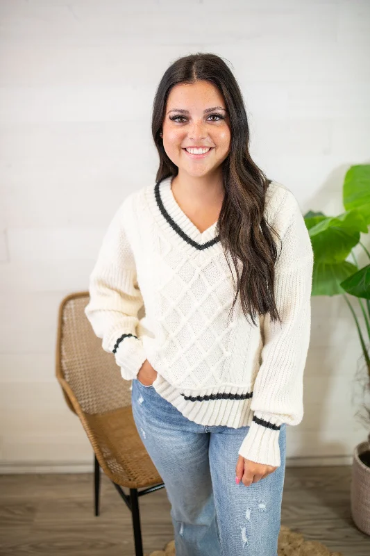 V-Neck Cableknit Preppy Sweater-Ivory Thin Thick Dense