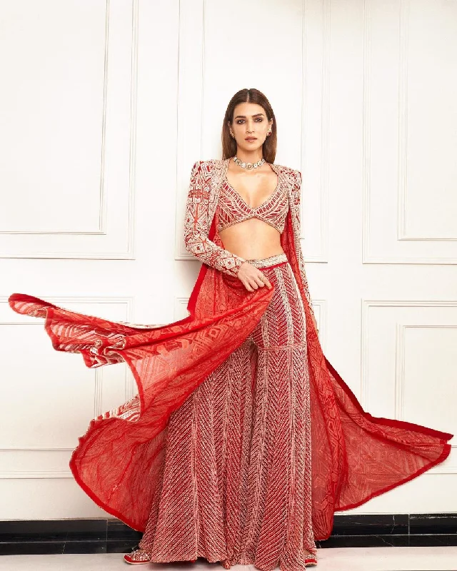 Anfisa Red Sharara Set With Long Jacket And Heavy Chevron Sharara A-Line Jacket Boat Neck Shawl Collar