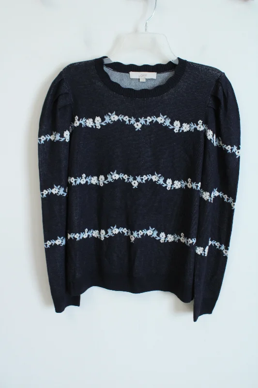 LOFT Navy Blue Floral Knit Sweater | L Plaid Sweater Polka Dot Checkered