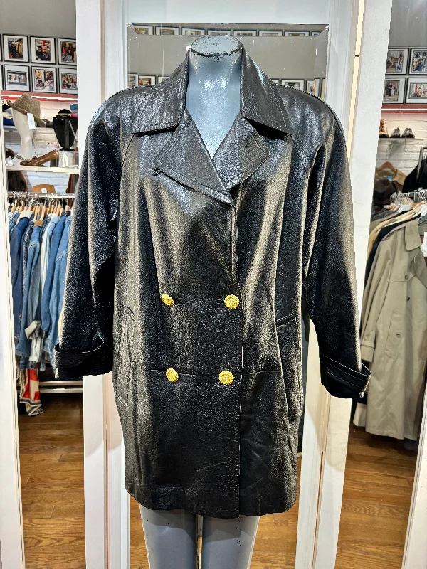 80’s Black Double Breasted Leather 3/4 Length Coat By Vakko Blazer Duffle Coat Pea Coat
