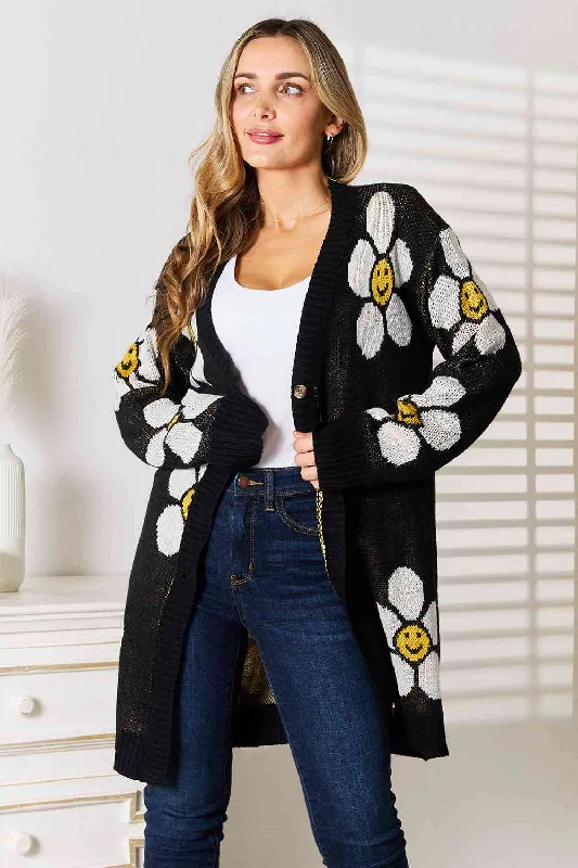 Double Take Floral Button Down Longline Cardigan Patchwork Embroidered Appliqued