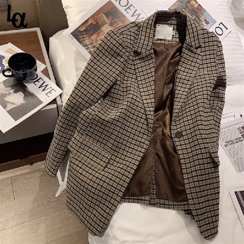Luck A Spring Autumn Vintage Blazer Plaid Koeran Style Coat Casual Elegant Woolen Blazer Coat Outwears Women's Handmade Blazer