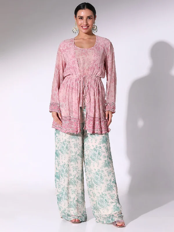 Pine Green & Pink Floral Printed Jacket Set Cardigan Sweater Pullover