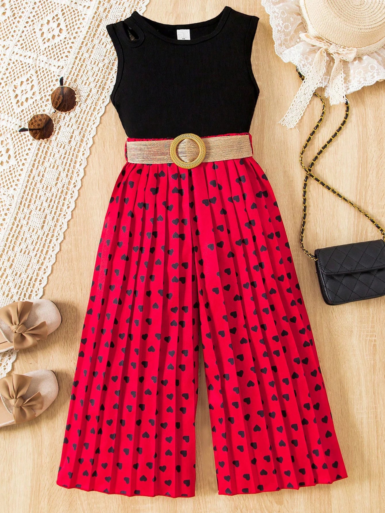 The new summer style girls shapeless sleeveless round neck top + pressed pleated love print trousers two-piece suit + belt Trousers Palazzo Wide Leg