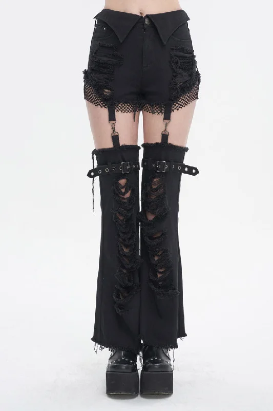 Black Segmented Splicing Old Fashioned Holes Flared Women's Punk Trouser Trousers Summer Linen