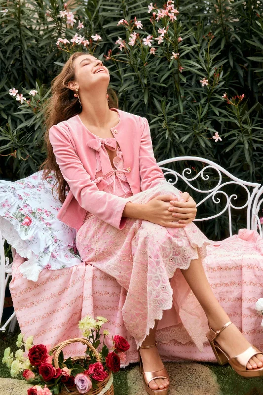 Alice Velvet Bow Jacket in Pink Boat Neck Shawl Collar Notched Collar