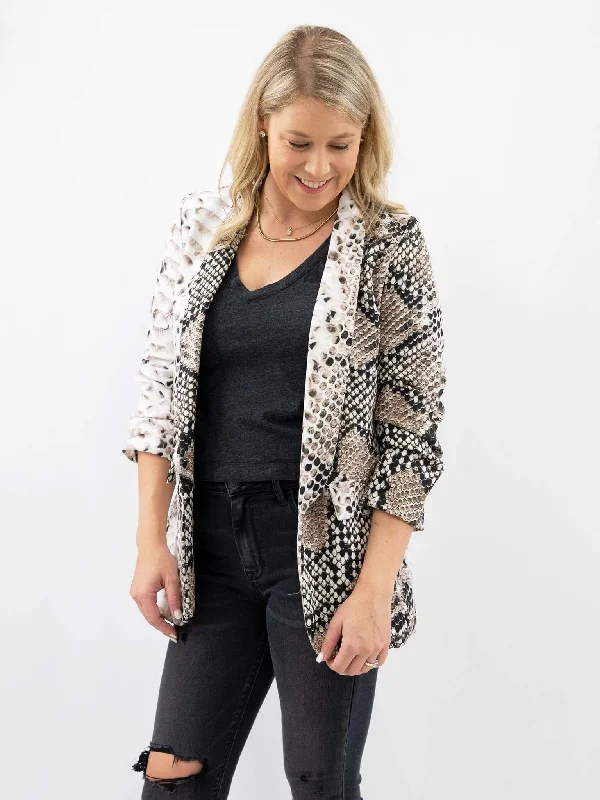 Ruched Sleeve Snakeskin Blazer Women's Elegant Suit