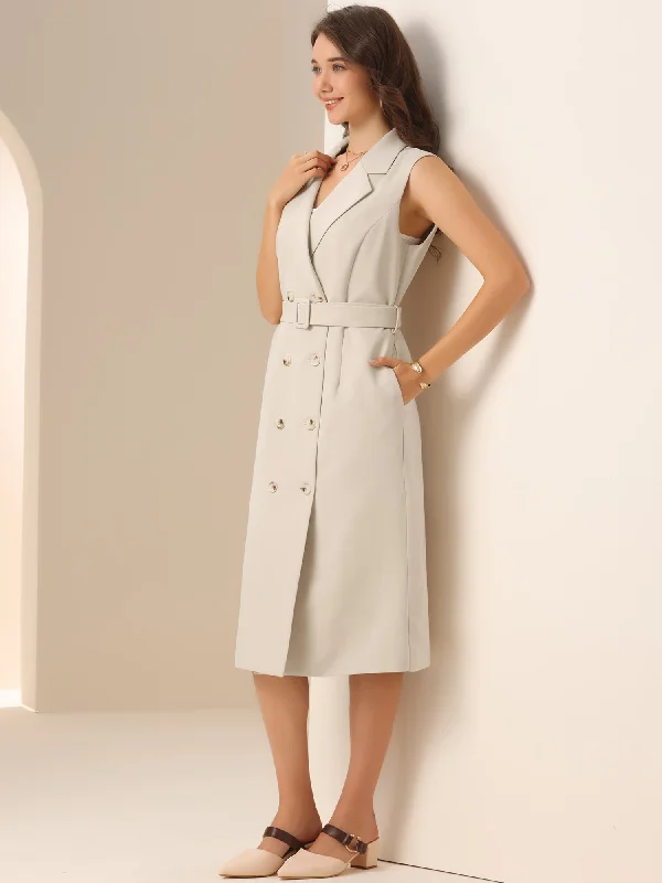 Sleeveless Notched Lapel Belted Blazer Dress Women's Elegant Suit