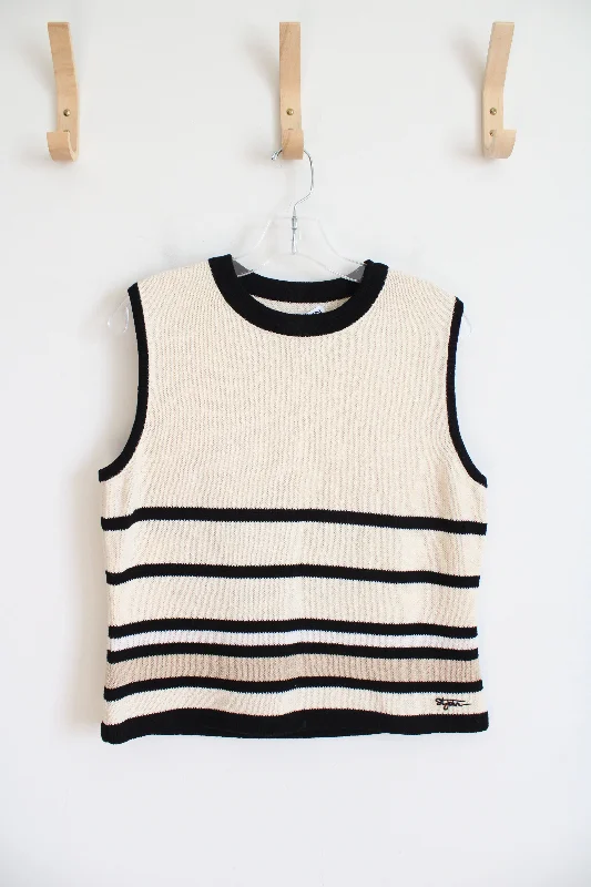 St. John Sport Essentials Vintage Beige & Tan Striped Sweater Vest | M Ribbed Striped Patterned