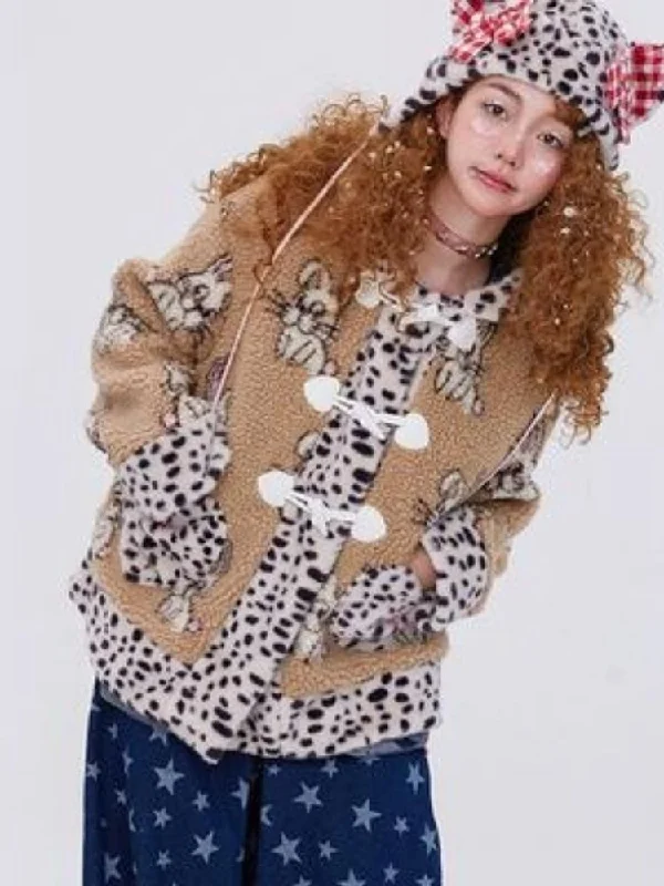 Rabbit ears hooded coat【s0000004038】 Houndstooth Jacket Shearling Jacket Fleece Jacket