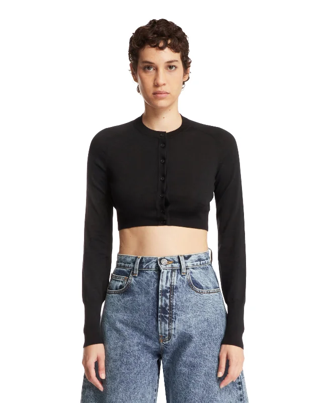 Cardigan Cropped Nero Cashmere Blend Cotton Blend Poly Blend
