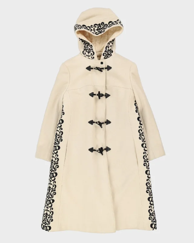 1990s Cream Embroidered Hooded Coat - S Rayon Velvet Corduroy