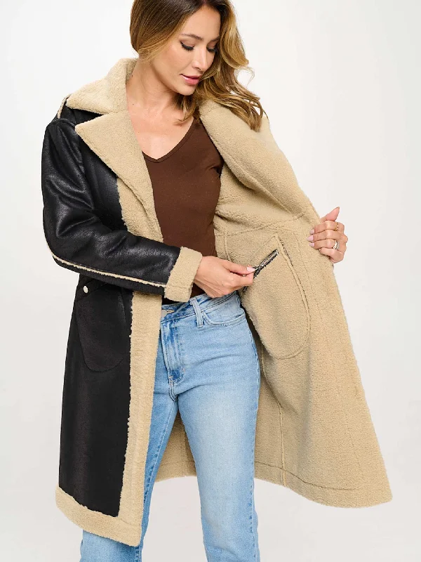 Shearling Trim Vegan Leather Aviator Coat empire Basque Peplum