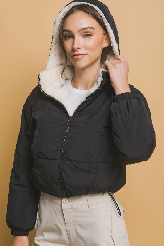 Hazel Blues® |  Love Tree Zip Up Cropped Hooded Sherpa Reversible Jacket Notch Collar Peter Pan Collar Cowl Neck