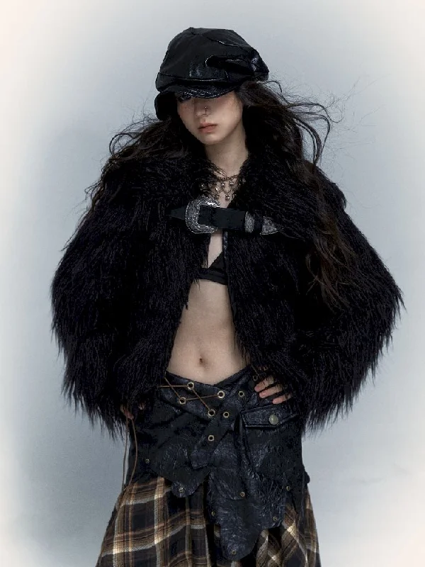 Light Rock Black Fur Coat 【s0000004678】 Embroidered Appliqued Beaded
