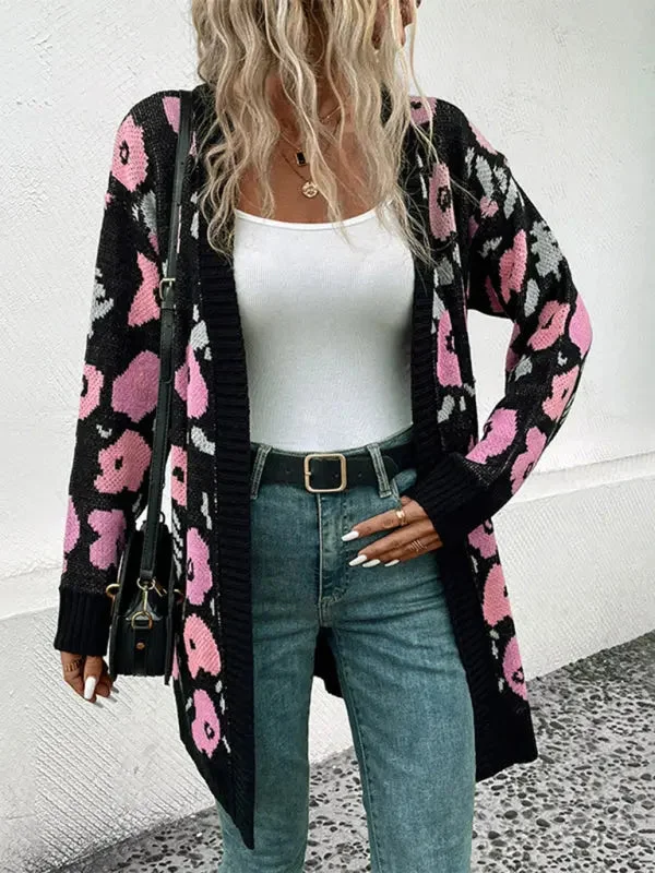 Blue Zone Planet | Long Sleeve Contrast Color Floral Knitted Sweater Cardigan Embroidered Appliqued Beaded