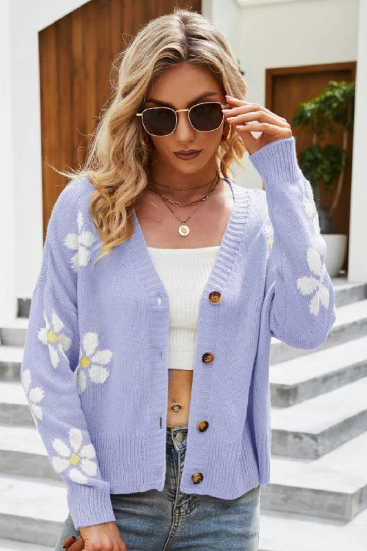 Floral Ribbed Trim Drop Shoulder Cardigan Fleece Cardigan Nylon Polyester