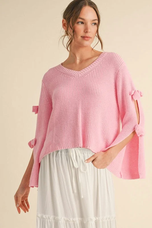 Open Sleeve Bow Pink Sweater Collared Crew Neck Turtle Neck