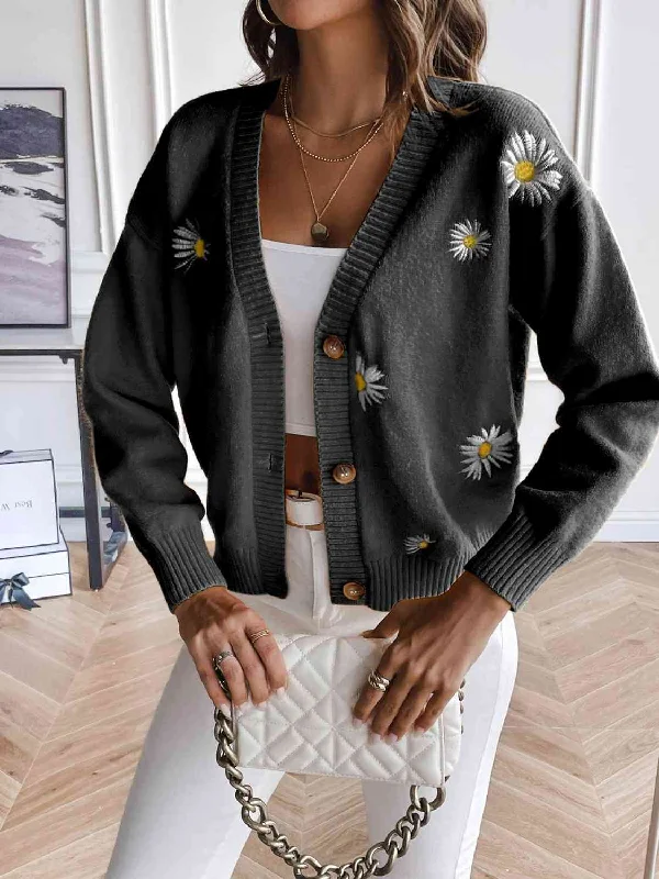 Floral Button Up Cardigan Slim Fit Regular Fit Oversized