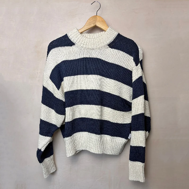 Zoe Cotton Sweater in Navy Stripe by Le Bon Shoppe Zippered Buttoned Snapped