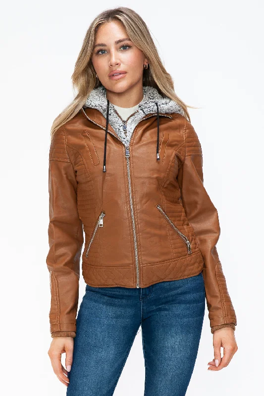Hazel Blues® |  YMI Faux Layered Double-Zipper Jacket with Fuzzy Hood Anorak Shell Jacket Lightweight Jacket
