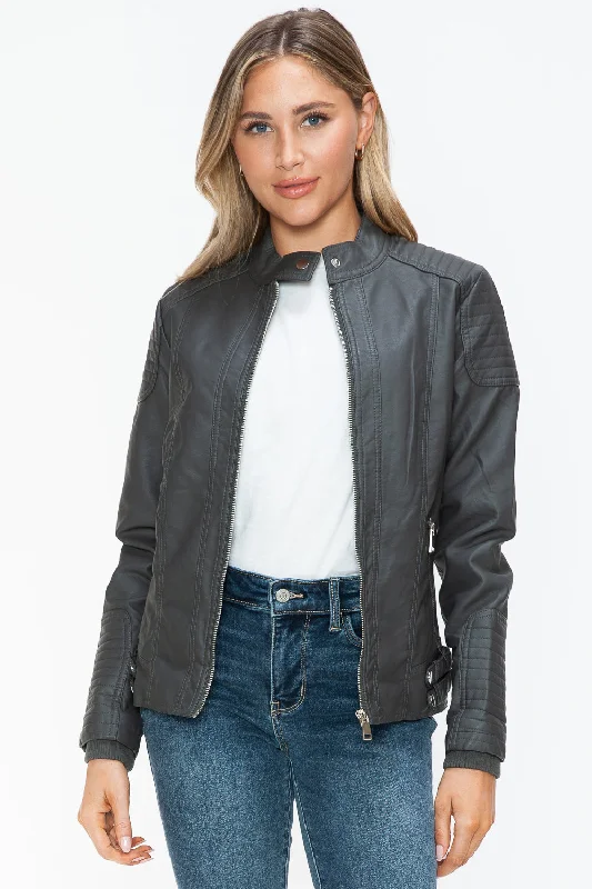 Hazel Blues® |  Snobbish Faux Leather Biker Jacket with Side Zip Pockets Satin Fabric Silk Fabric Chiffon Fabric