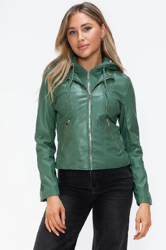 Hazel Blues® |  Snobbish Faux Leather Zip Up Drawstring Hooded Jacket Nylon Jacket Polyester Jacket Spandex Jacket