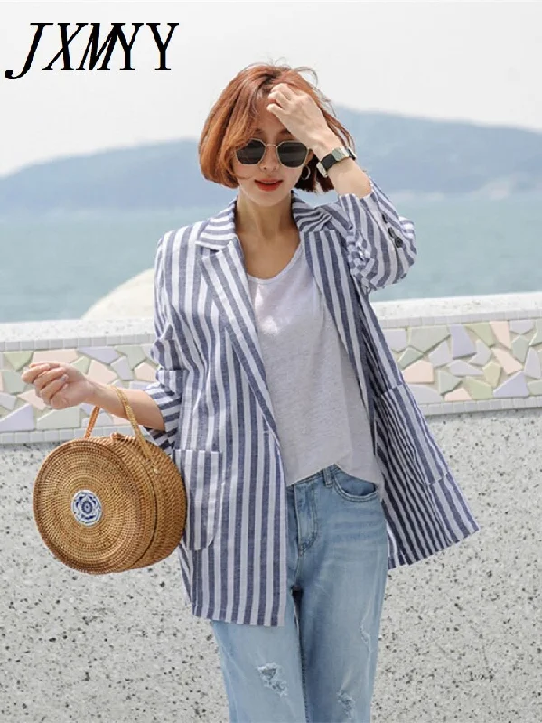 imCharms Slim Striped One-Button Suit Jacket Female 2023 Literary Cotton And Linen Retro Simple Casual Small Suit Zip Front Button Front Snap Front