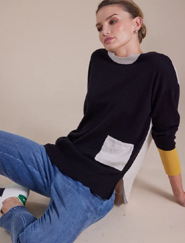 MARCO POLO L/S COLOUR BLOCK SWEATER BLACK - SIZE XS Graphic Sweater Embroidered Appliqued