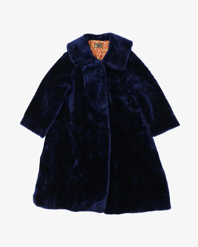 Navy Blue Faux Fur Coat Solid Print Jacquard