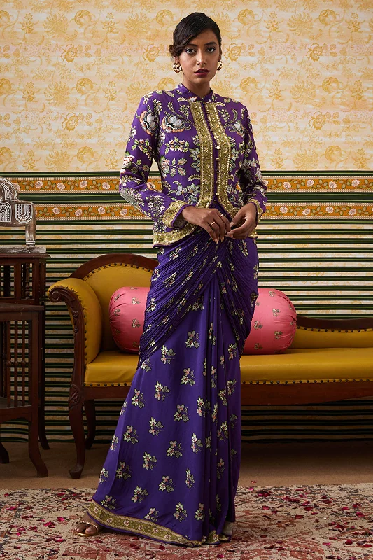 Mehr Embroidered Jacket With Drape Skirt Satin Jacket Silk Jacket Chiffon Jacket
