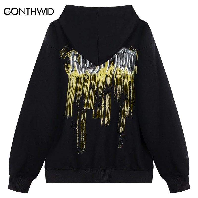 Hip Hop Y2K Streetwear Zip Up Hoodie Sweatshirt Grunge Letter Print Zipper Hooded Jacket Coat Harajuku Casual Loose Cotton Tops Zip Front Button Front Snap Front