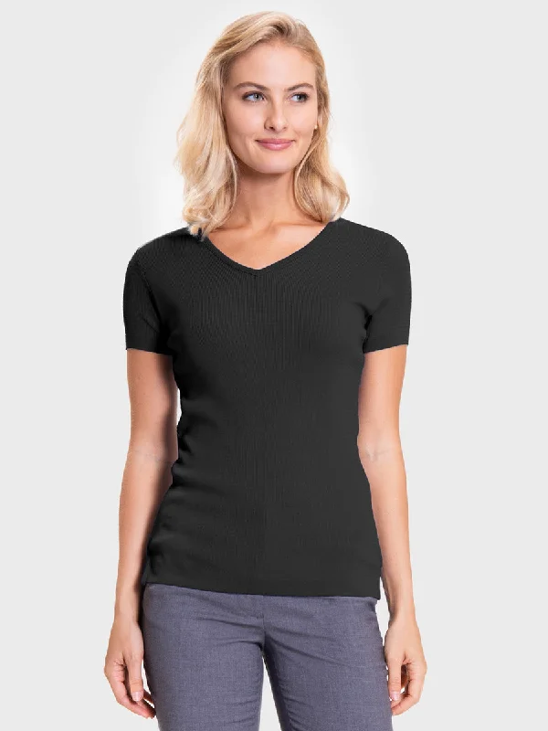 Ladies' V-Neck Shell Sweater - Black Velvet Chenille Corduroy