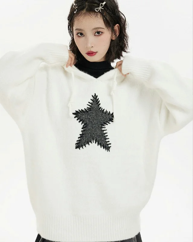 Oversized Star Patch Knit Sweater Graphic Sweater Embroidered Appliqued