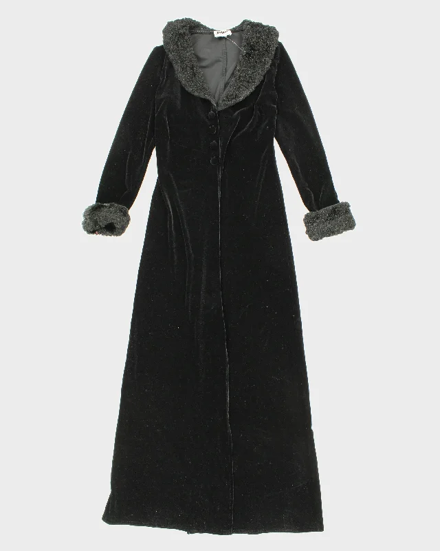 Womens Black Long Velvet Button Up Lightweight Coat - S Boat Shawl Notched